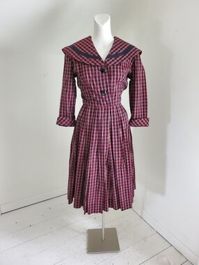 50s 60s Vintage Herman Marcus Plaid Gingham Flat Collar Dress